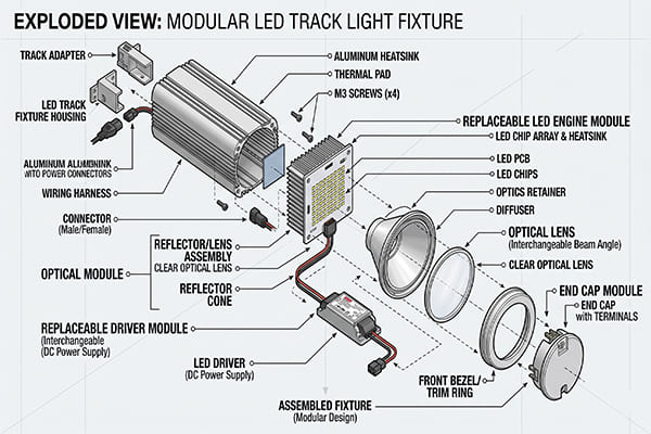 An exploded view of a modular LED fixture showing replaceable parts